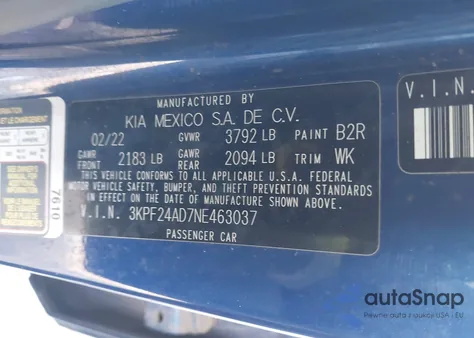 2022 Kia Forte Lxs from USA, damaged, VIN 3KPF24AD7NE463037